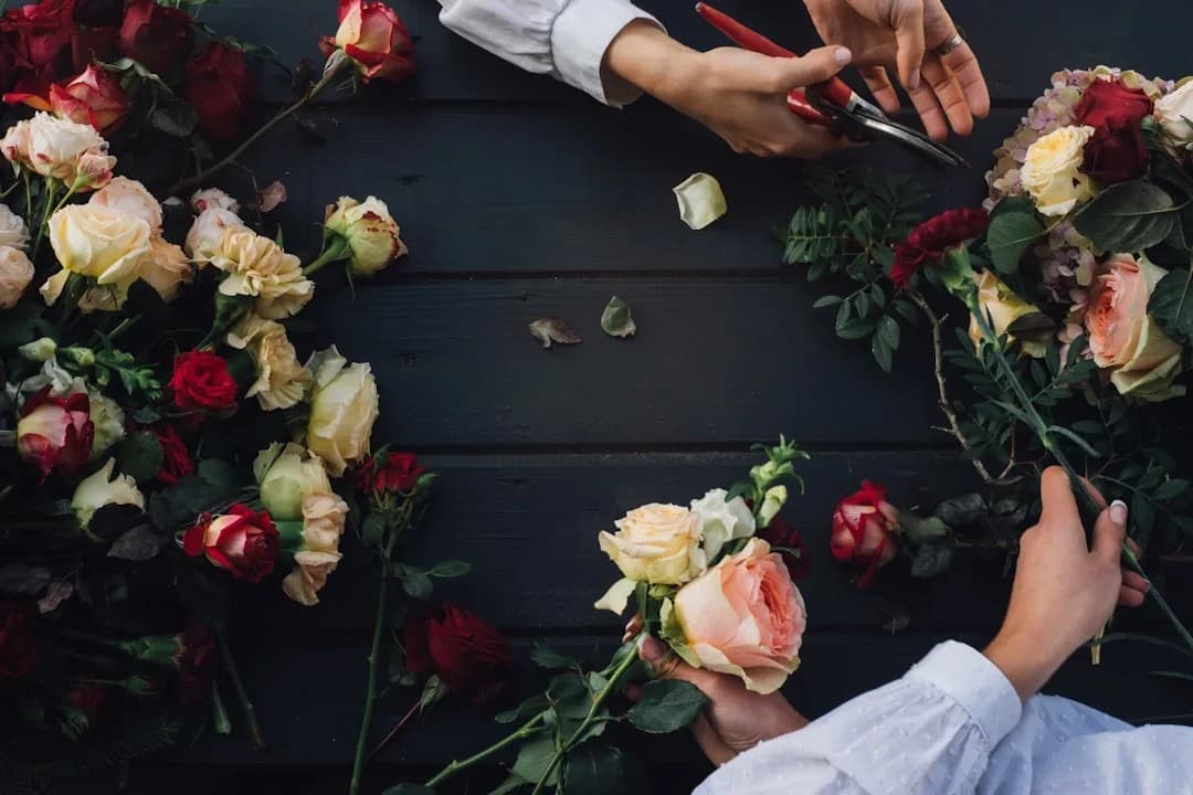Cut flower stems and foliage on a florist's workbench