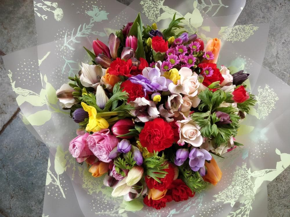 Colourful spring flower bouquet handcrafted by Edith Wilmot florist Bristol