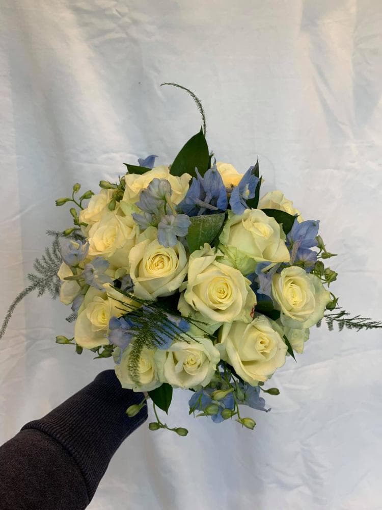 White rose and delphinium bridal bouquet — Edith Wilmot Bristol wedding florist