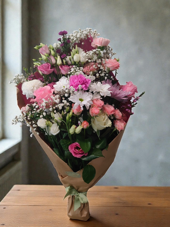 Country Charm – Pink & White Gift Wrapped Bouquet