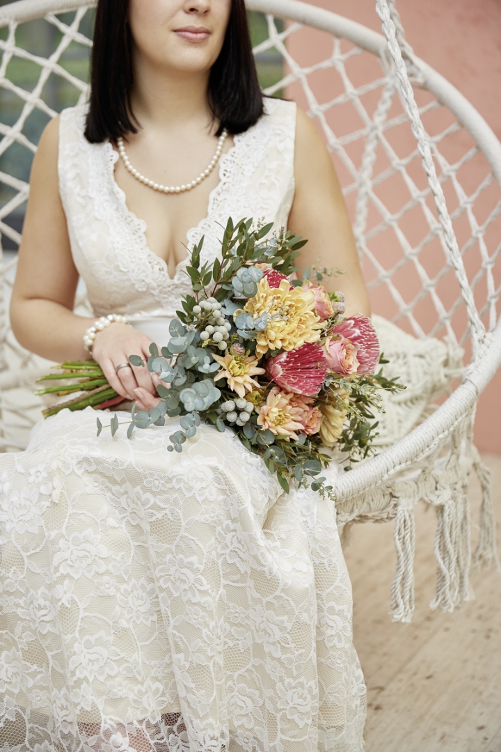Bridal bouquet in pale peach and soft red Chrysanthemums