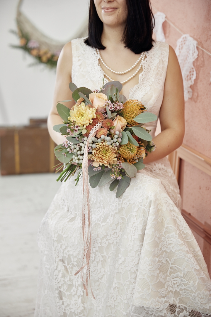 Bridal bouquet with soft tones Chrysanthemums and exotic Nutans