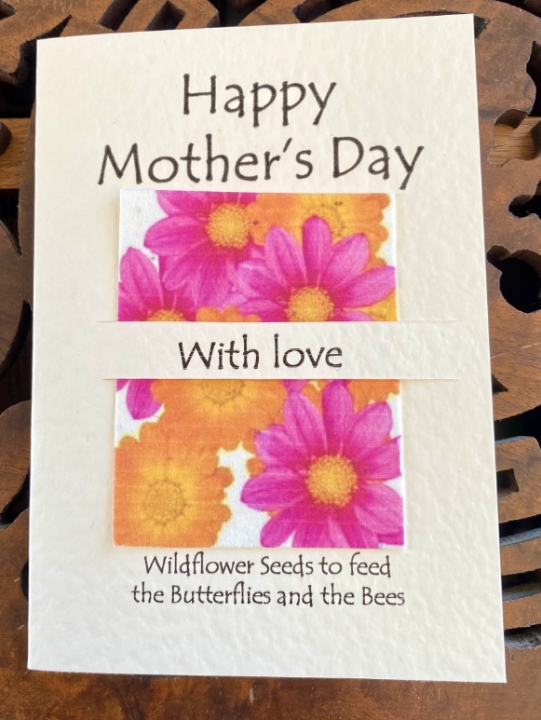 Seeded greetings card Mother's Day   Pink and orange flowers