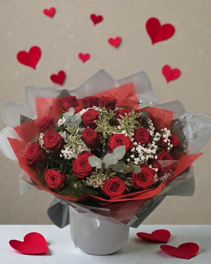 Valentine’s Classic Romance – Red Roses with Gypsophila