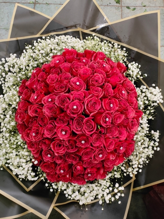Crimson Embrace   100 Red Roses with Gypsophila