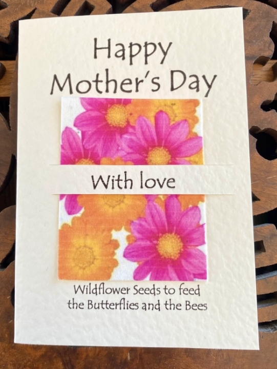 Seeded greetings card Mother's Day   Pink and orange flowers